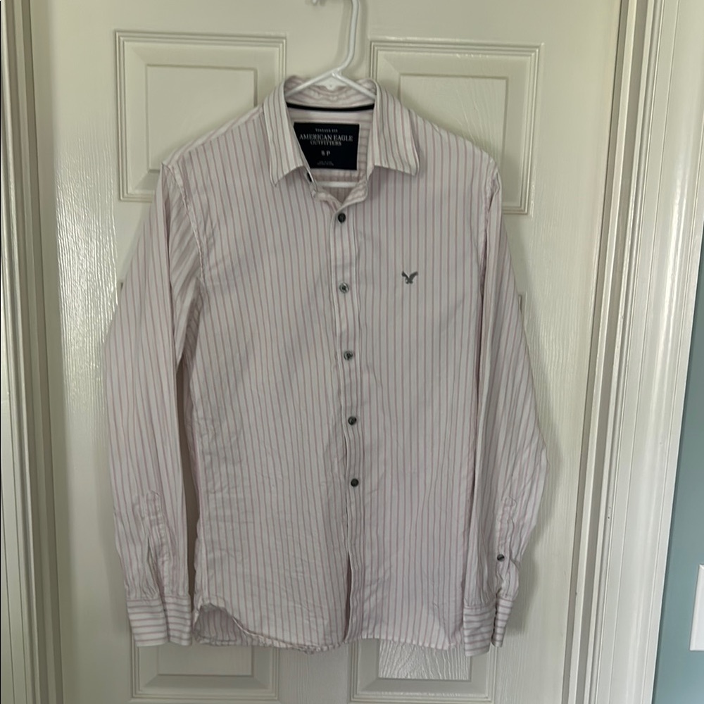 American Eagle Outfitters Men's Striped Button Shirt - Pink & White Size S